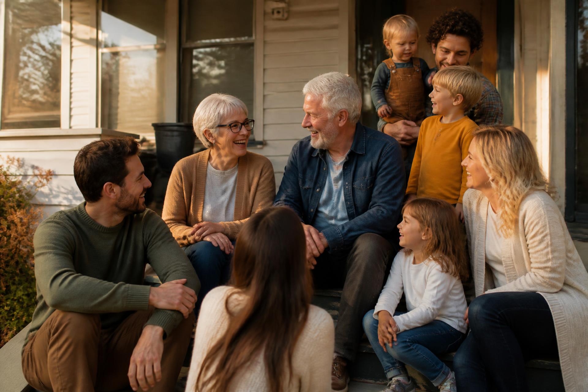 An older couple on their front porch surrounded by their adult children and grandchildren, talking and laughing in late-afternoon light.